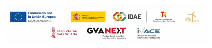 Logotipos de los organismos financiadores: Unión Europea NextGenerationEU, Ministerio para la Transición Ecológica, IDAE, Plan de Recuperación, Generalitat Valenciana, IVACE